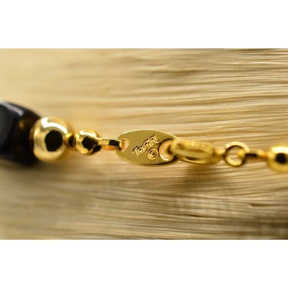 Trifari Black Beaded Necklace Statement Gold Geometric 32" Vintage Signed BinR - Picture 10 of 10